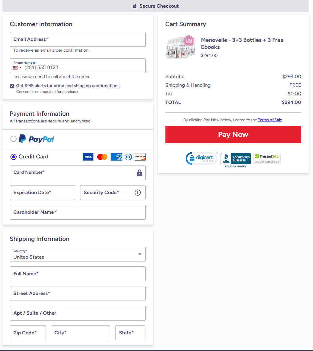 Menovelle checkout Page